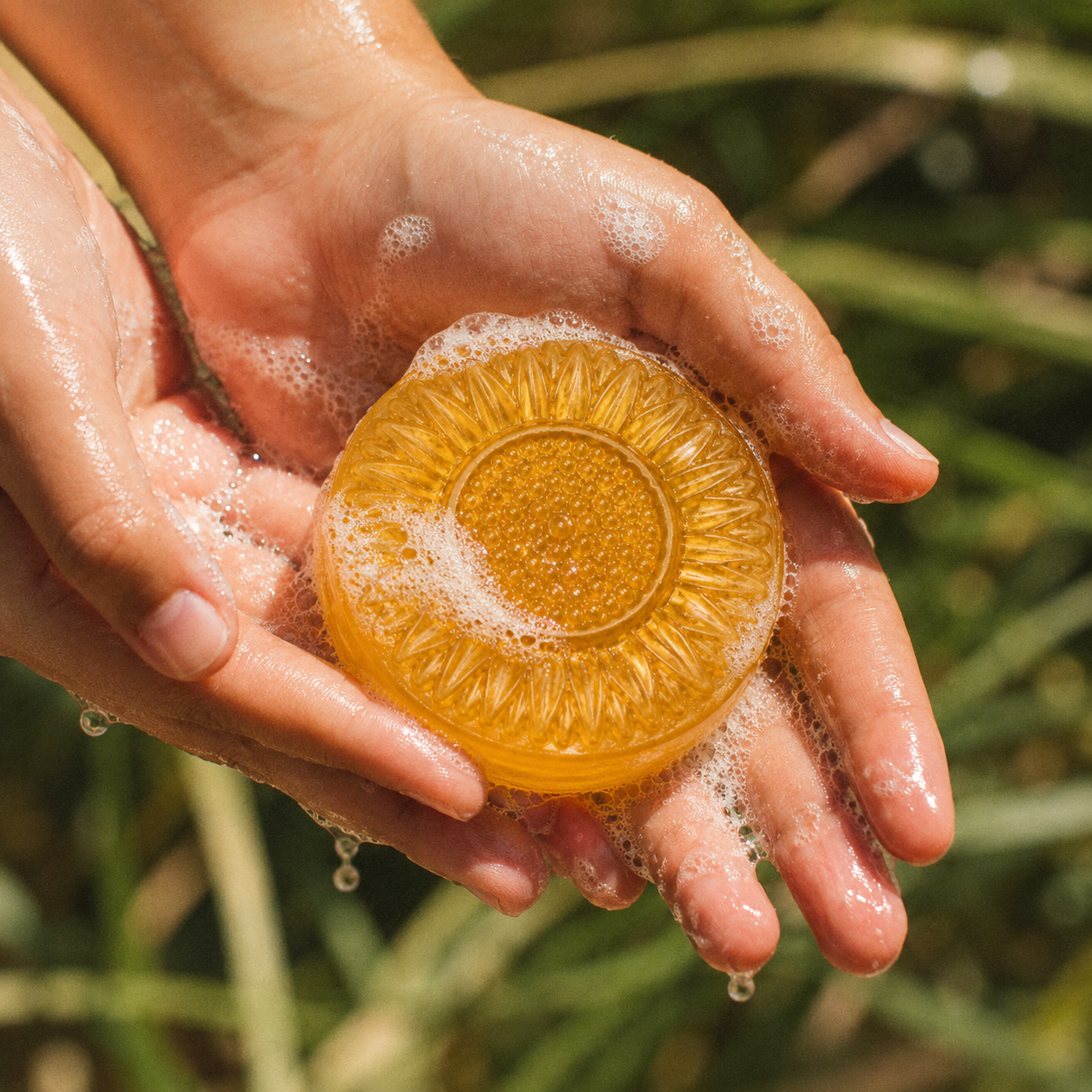 Mãos com espuma segurando um sabonete dourado em formato de girassol