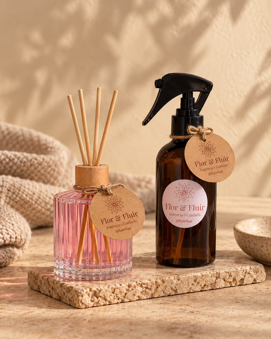 Difusor de ambiente e home spray Flor & Fluir sobre uma base de pedra
