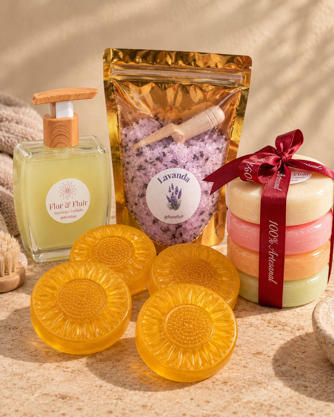 Sabonetes artesanais, sabonete líquido e sais de lavanda Flor & Fluir