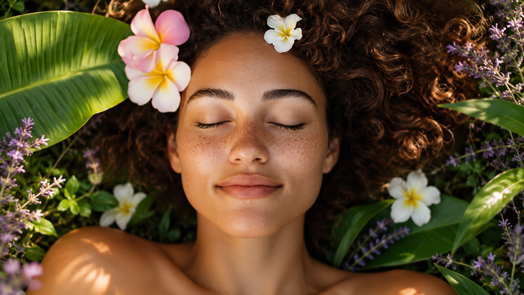 Mulher de olhos fechados entre flores e folhas