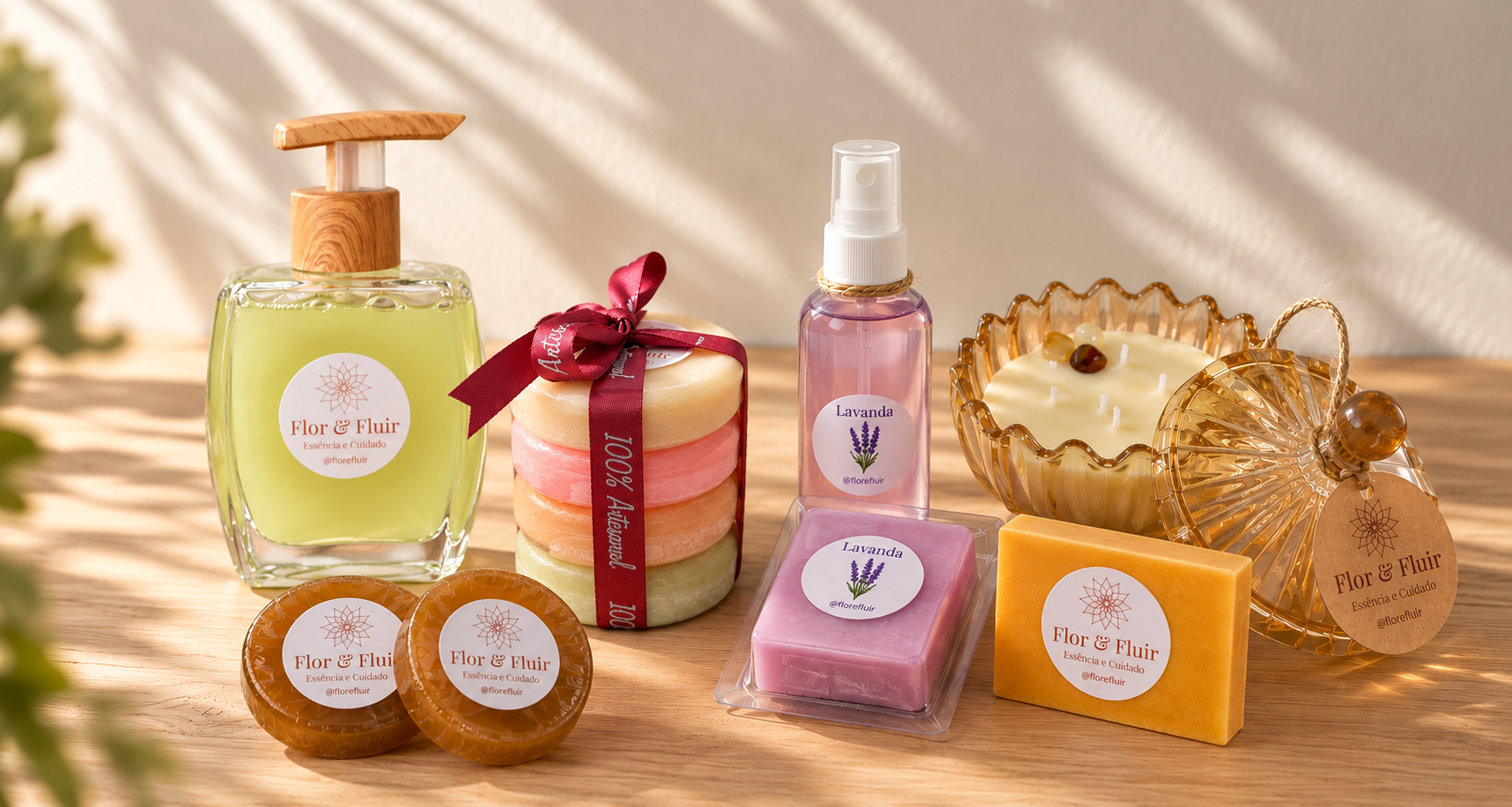 Sabonetes, spray de lavanda e vela artesanal Flor & Fluir sobre uma mesa de madeira