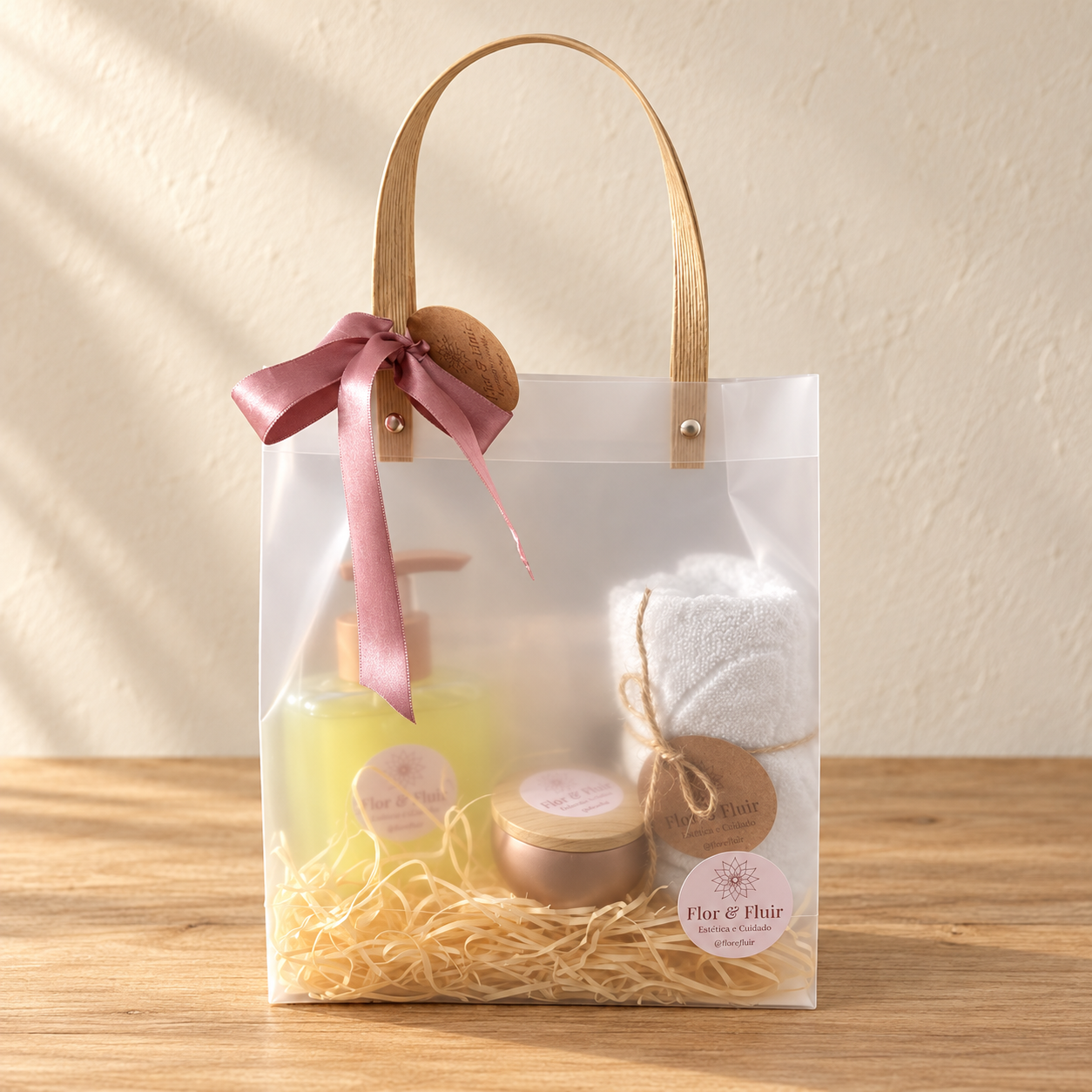Kit lavabo com sabonete líquido, toalha e vela em embalagem para presente sobre mesa de madeira
