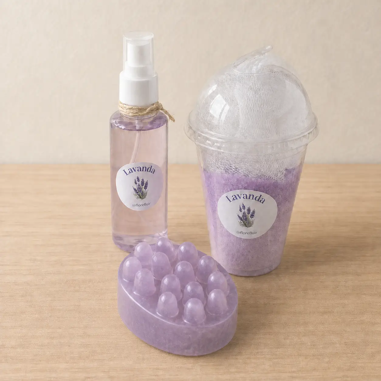 Kit Lavanda com spray, sais de banho, esponja e sabonete massageador